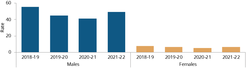Figure C.30 shows the rate of Aboriginal and Torres Strait Islander young people in detention on an average day, per 10,000 young people in the community by sex, by year. More details can be found within the text near this image.