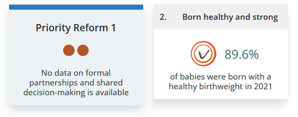 Dashboard cards: Priority Reform 1 - Formal partnerships and shared decision-making. Outcome area 1 - Aboriginal and Torres Strait Islander people enjoy long and healthy lives