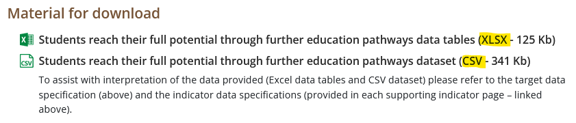 Material for download. Excel icon, filename with XLSX highlighted. CSV icon, filename with CSV highlighted.